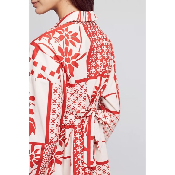 Anthropologie Maeve Red White Cotton Printmaker Poplin Long Sleeve Shirtdress L - Picture 3 of 12